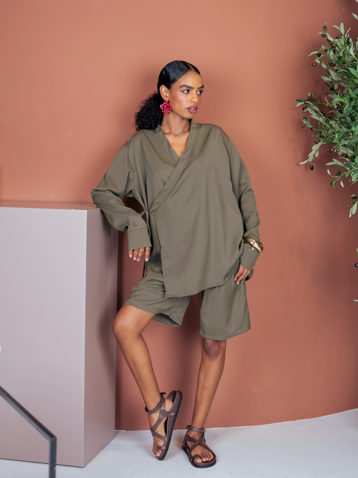 Tega Long Sleeve Wrap Shirt - Green